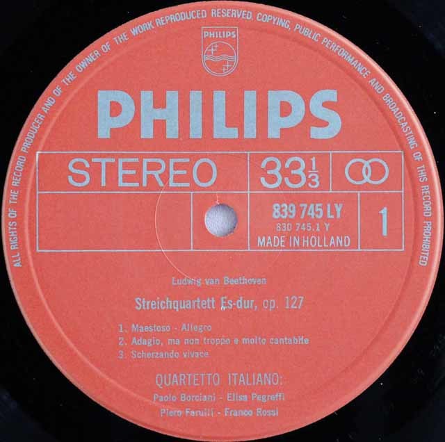 イタリア四重奏団のベートーヴェン/後期弦楽四重奏曲集 蘭PHILIPS 3595 LP レコード