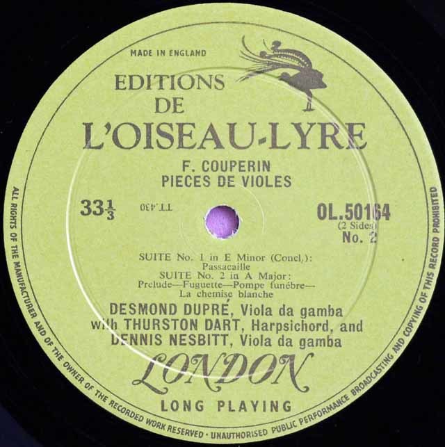 D.デュプレ、ダート、ネスビットのクープラン/ヴィオール曲集(組曲第1、2番) 英LONDON 3595 LP レコード