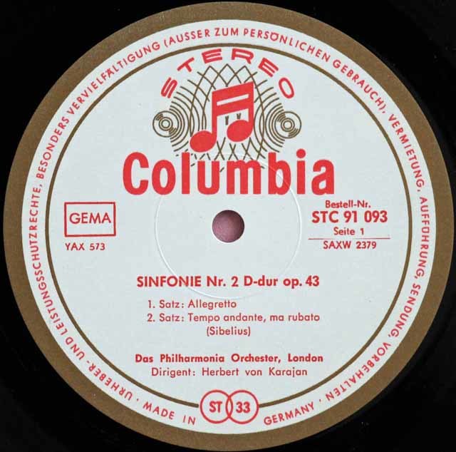 LP レコード カラヤンのシベリウス/交響曲第2番 独Columbia 3218
