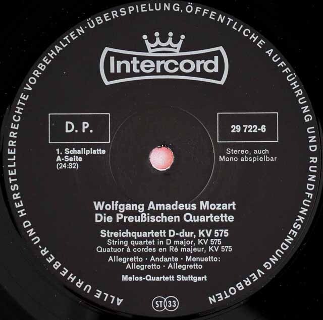 LP レコード メロス四重奏団のモーツァルト/弦楽四重奏曲「プロシア王