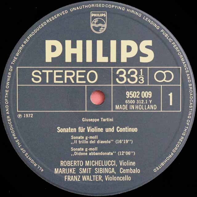 ミケルッチらのタルティーニ/ヴァイオリンソナタ「悪魔のトリル」ほか 蘭PHILIPS 3706 LP レコード