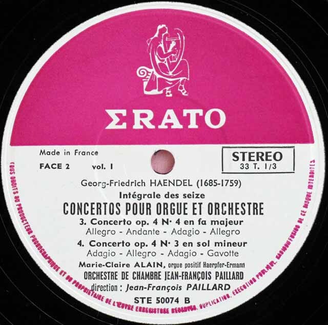 アラン、パイヤールのヘンデル/オルガン協奏曲集 仏ERATO 3706 LP レコード