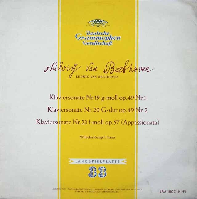 ケンプのベートーヴェン/ピアノソナタ第19番、第20番、第23番「熱情」　独DGG　3708　LP レコード