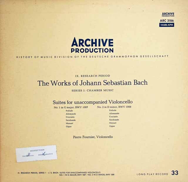 【モノラル】　フルニエのバッハ/無伴奏チェロ組曲全曲　独ARCHIV　3313　LP レコード