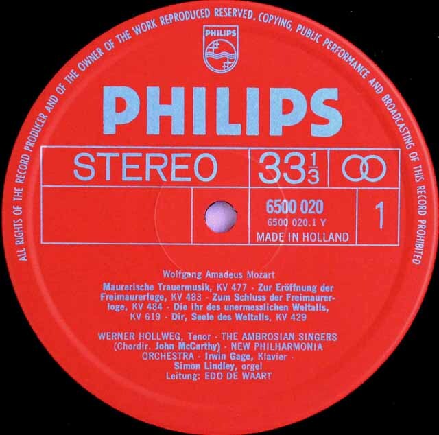 LP レコード ホルヴェーク、ワールトのモーツァルト/フリーメイソンの音楽 蘭PHILIPS 3315