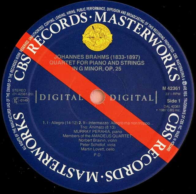 LP レコード ペライアのブラームス/ピアノ四重奏曲第1番 蘭CBS 3325