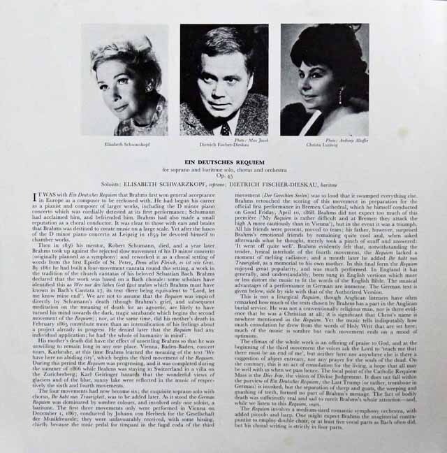 LP レコード クレンペラーのブラームス/「ドイツ・レクイエム」 英EMI 3336