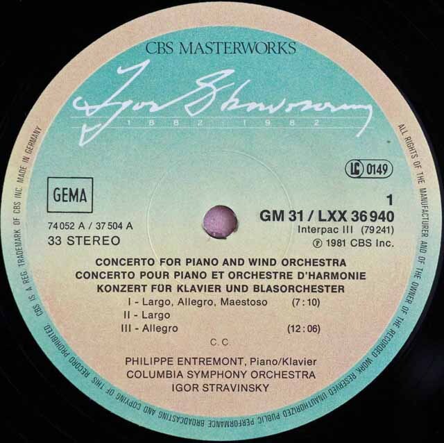 LP レコード ストラヴィンスキーの自作自演/ピアノ&ヴァイオリン協奏曲ほか 独CBS 3407