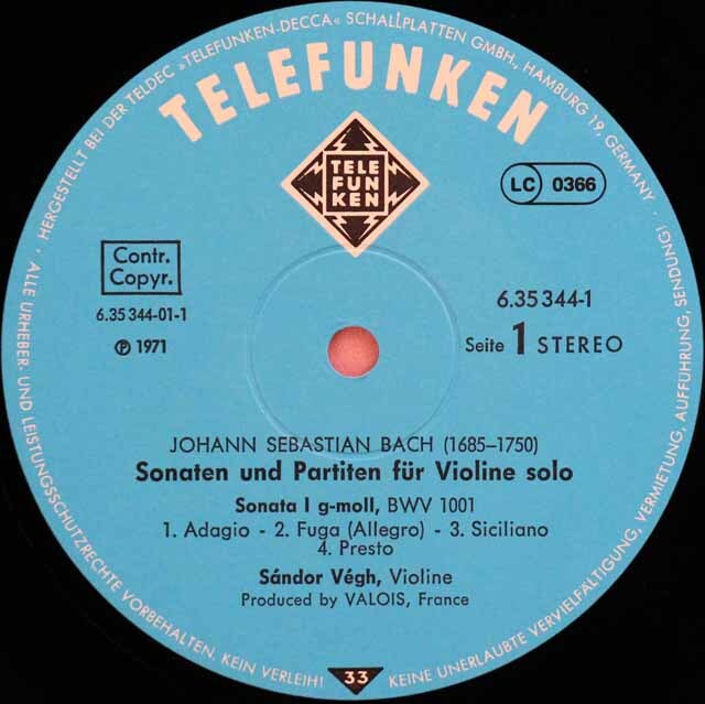 LP レコード ヴェーグのバッハ/無伴奏ヴァイオリンのためのソナタと 