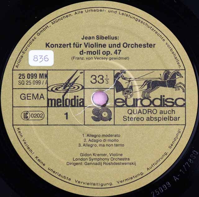 LP レコード クレーメル、ロジェストヴェンスキーのシベリウス