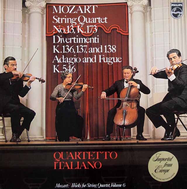 イタリア四重奏団のモーツァルト/弦楽四重奏曲第13番、ディヴェルティメント集　蘭PHILIPS　3897　LP レコード