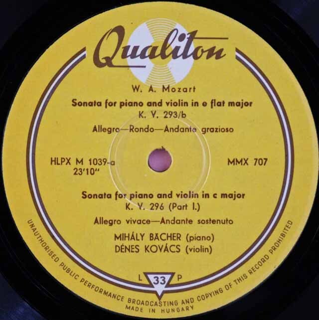 LP レコード コヴァーチ&ベッヒャーのモーツァルト/ヴァイオリン・ソナタ 第19番ほか ハンガリーQualiton 3418