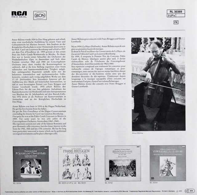LP レコード ビルスマのバッハ/無伴奏チェロ組曲 独RCA 3426