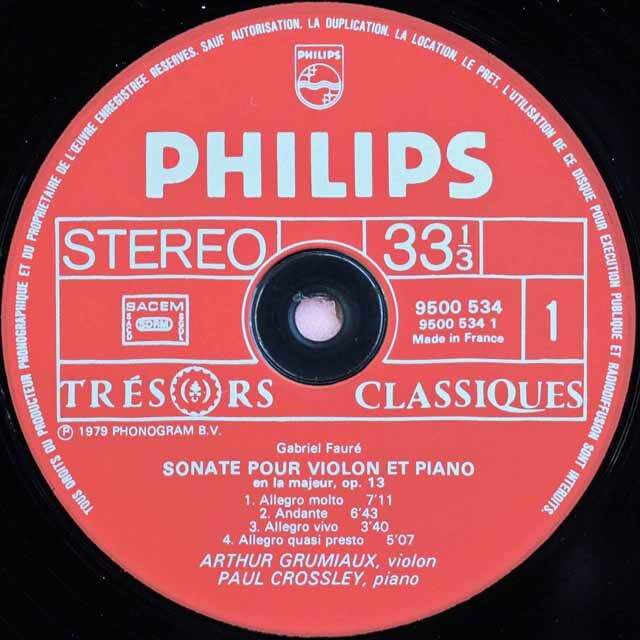 LP レコード グリュミオー、クロスリーのフォーレ/ヴァイオリン