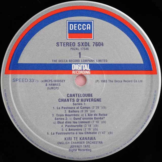 キリ・テ・カナワ、テイトのカントルーブ/「オーベルニュの歌」(全27曲)ほか 蘭DECCA 3438 LP レコード