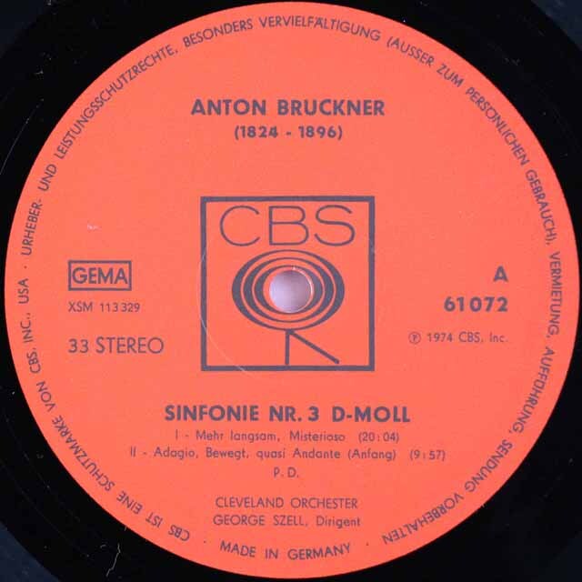LP レコード セルのブルックナー/交響曲第3番 独CBS 3507