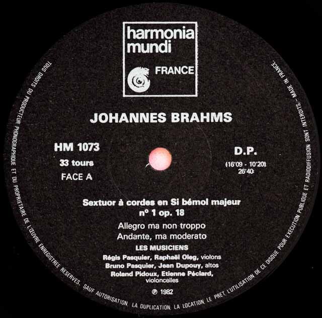ブラバス　レコード LP レコード パスキエ兄弟らのブラームス/弦楽六重奏曲第1番 仏HM 3508