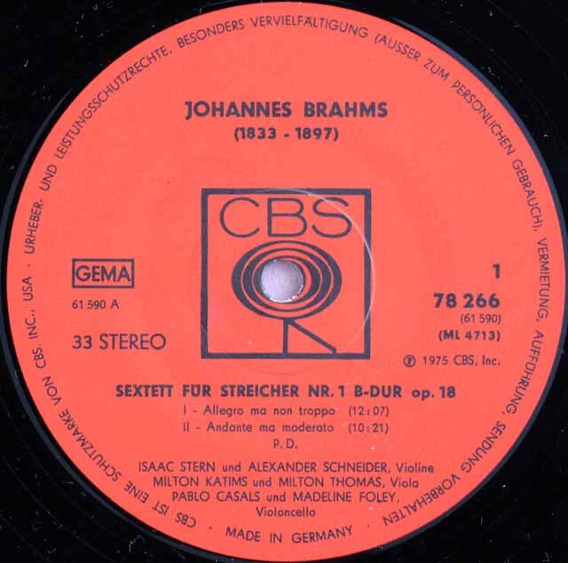 LP レコード カザルス、スターンらのブラームス/弦楽六重奏曲第1番ほか