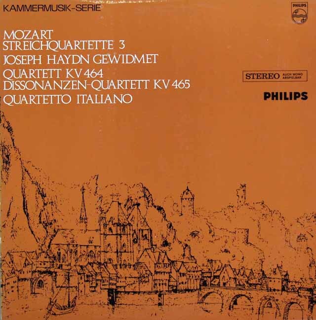 イタリア四重奏団のモーツァルト/弦楽四重奏曲第18&19番「不協和音」　蘭PHILIPS　3515　LP レコード