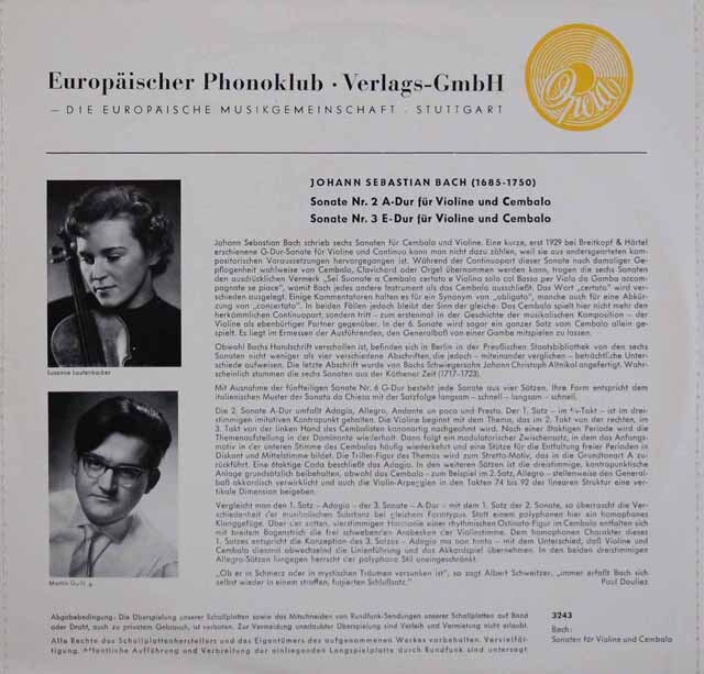 レコード 25cm/10インチ盤 ラウテンバッハー、ガリングのバッハ/ヴァイオリンとチェンバロのためのソナタ第2、3番 独OPERA 3524