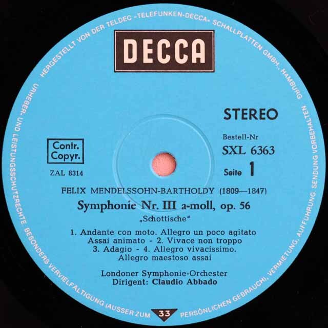 LP レコード アバドのメンデルスゾーン/交響曲第3番「スコットランド」、第4番「イタリア」 独DECCA 3525