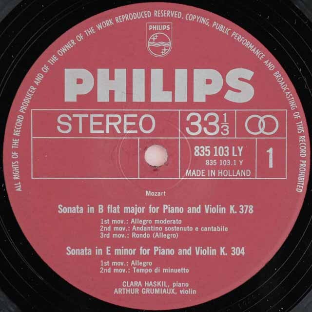グリュミオー&ハスキルのモーツァルト/ヴァイオリンソナタ集 蘭PHILIPS 3527 LP レコード