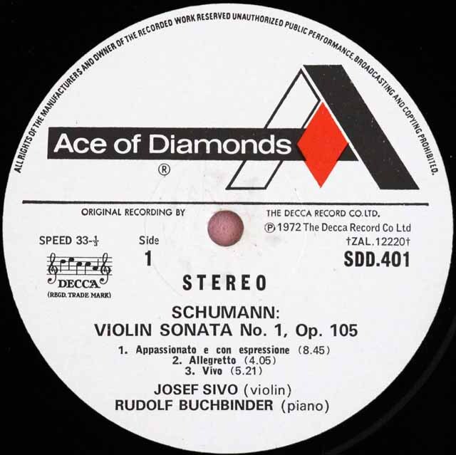 シヴォー、ブッフビンダーのシューマン、R.シュトラウス/ヴァイオリンソナタ集 英DECCA (Ace of Diamonds) 3527 LP レコード
