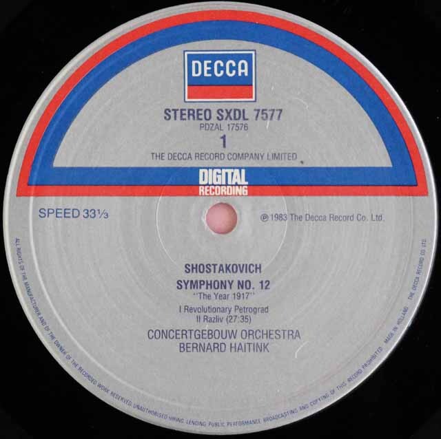 ハイティンクのショスタコーヴィチ/交響曲第12番「1917年」ほか 蘭DECCA 3527 LP レコード