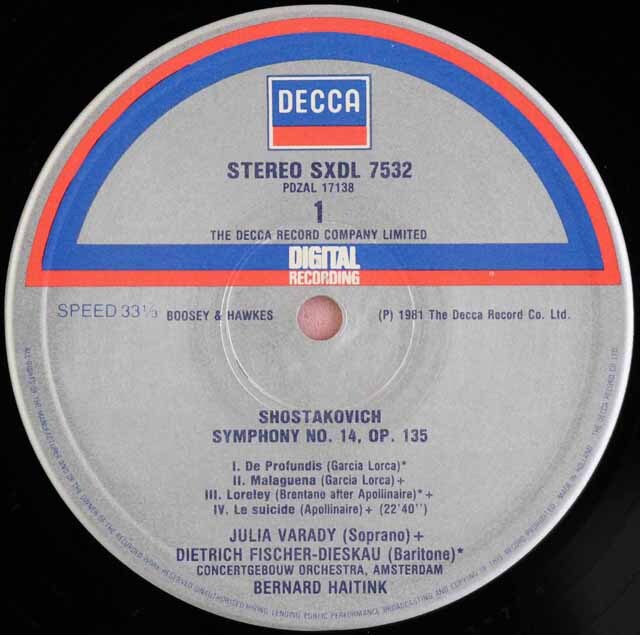 ハイティンクのショスタコーヴィチ/交響曲第14番 蘭DECCA 3527 LP レコード