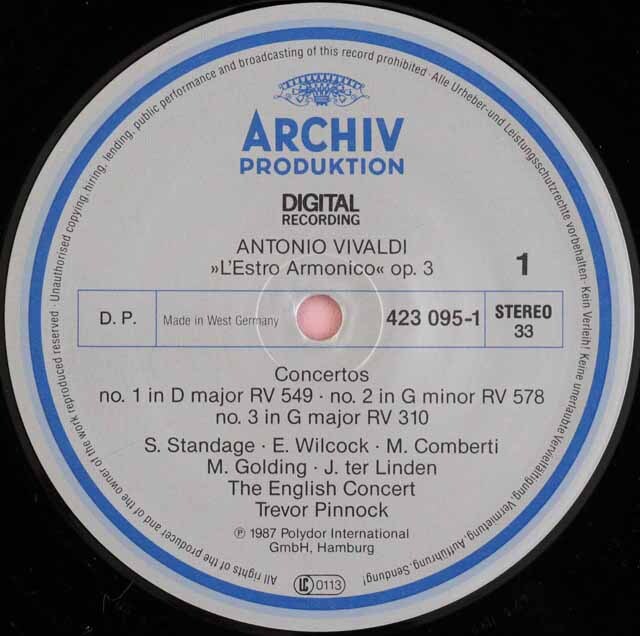 ピノックのヴィヴァルディ/「調和の霊感」 独ARCHIV 3527 LP レコード