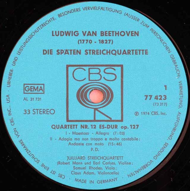 ジュリアード四重奏団のベートーヴェン/後期弦楽四重奏曲集 独CBS 3527 LP レコード