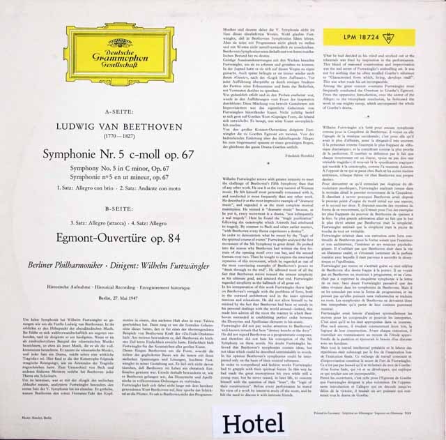LP レコード フルトヴェングラーのベートーヴェン/交響曲第5番ほか 独DGG 3541