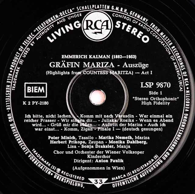LP レコード パウリクのカールマン/「伯爵令嬢マリツァ」抜粋 独RCA 3603