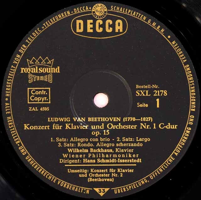 バックハウス、イッセルシュテットのベートーヴェン/ピアノ協奏曲第1、2番 独DECCA 3605 LP レコード