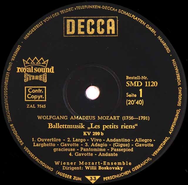 ボスコフスキーのモーツァルト/「レ・プティ・リアン」&「イドメネオ」バレエ音楽 独DECCA 3605 LP レコード