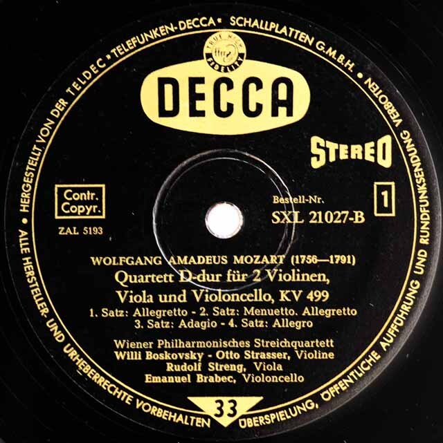 ウィーンフィル四重奏団のモーツァルト/弦楽四重奏曲第20、22番 独DECCA 3605 LP レコード