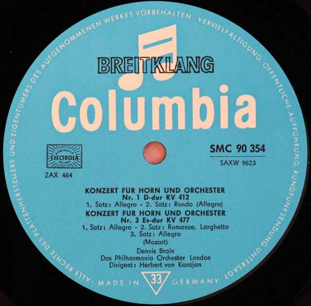 ブレイン&カラヤンのモーツァルト/ホルン協奏曲 独Columbia 3605 LP レコード