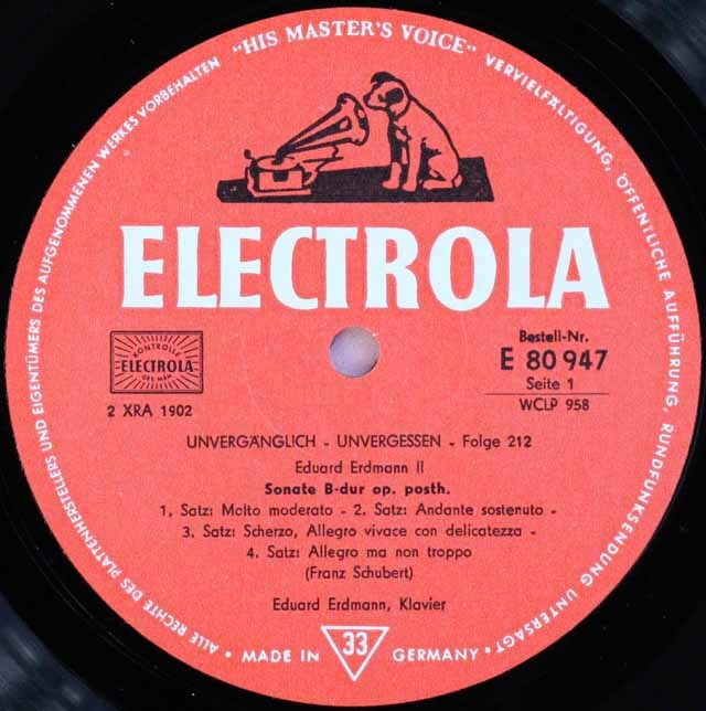 エルドマンのシューベルト/ピアノソナタ第20&21番 独ELECTROLA 3605 LP レコード