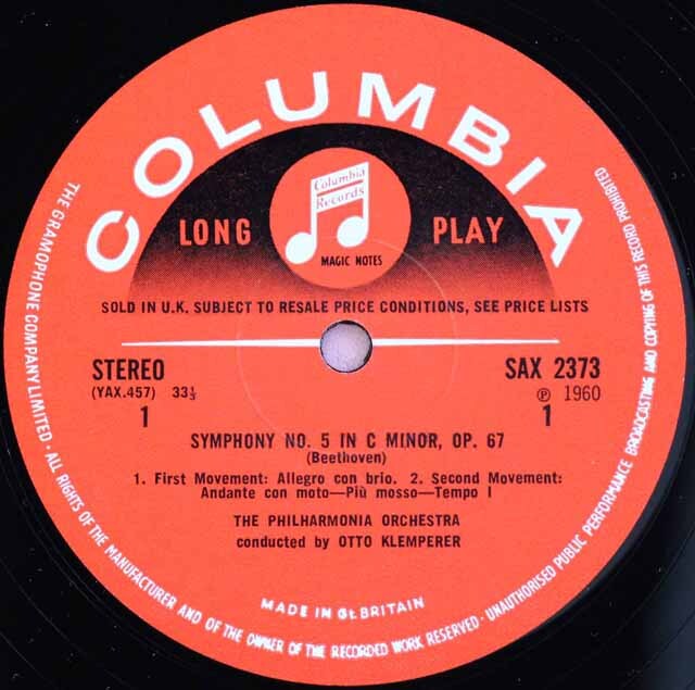 クレンペラーのベートーヴェン/交響曲第5番「運命」ほか 英Columbia 3605 LP レコード