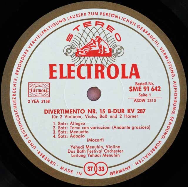 メニューインのモーツァルト/ディヴェルティメント第15番 ほか 独ELECTROLA 3605 LP レコード