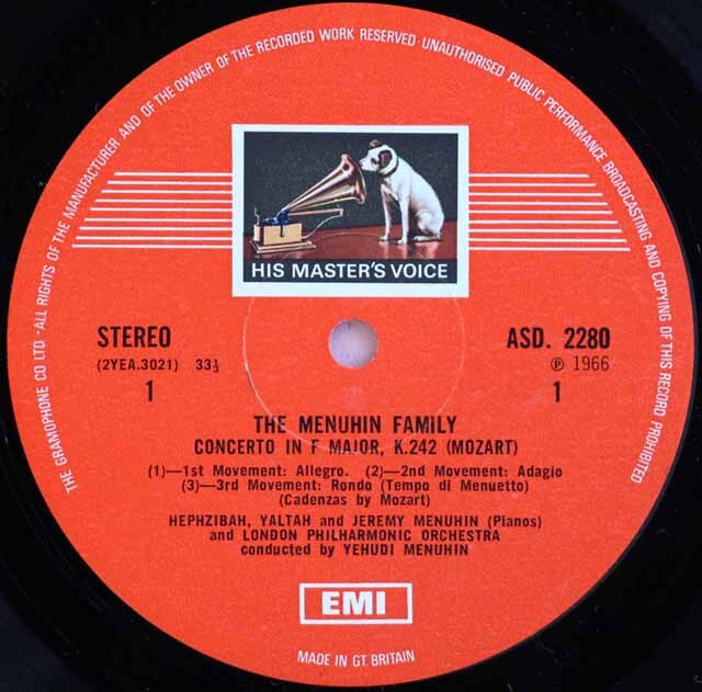 メニューイン・ファミリーらのモーツァルト/3台、2台のピアノのための協奏曲 英EMI 3605 LP レコード
