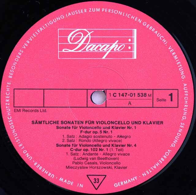 カザルスのベートーヴェン/チェロソナタ全曲ほか 独Dacapo 3605 LP レコード