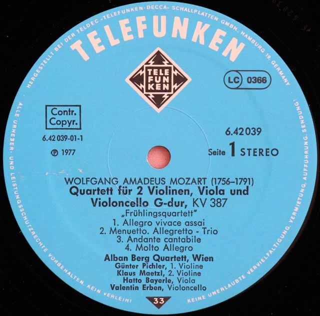 アルバン・ベルク四重奏団のモーツァルト/弦楽四重奏曲第14、15番 独TELEFUNKEN 3605 LP レコード