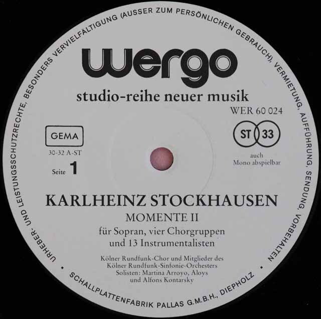 シュトックハウゼンの自作自演/モメンテ(1965年版) 独Wergo 33605 LP レコード
