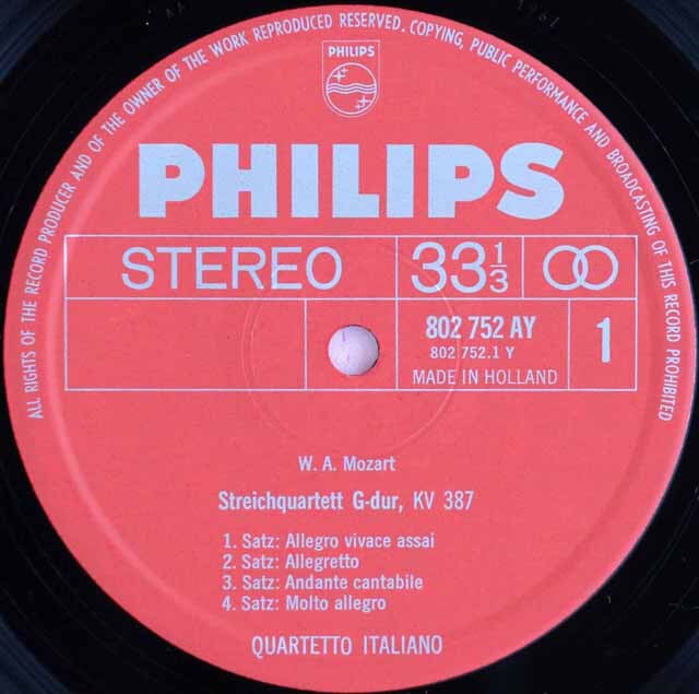 イタリア四重奏団のモーツァルト/弦楽四重奏曲「ハイドン・セット」 蘭PHILIPS 3605 LP レコード