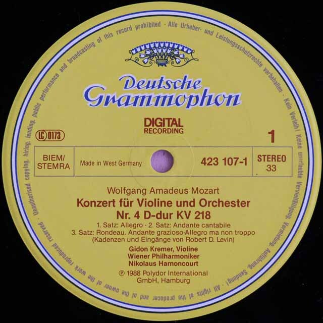 クレーメル、アーノンクールのモーツァルト/ヴァイオリン協奏曲第4、5番 独DGG 3618 LP レコード