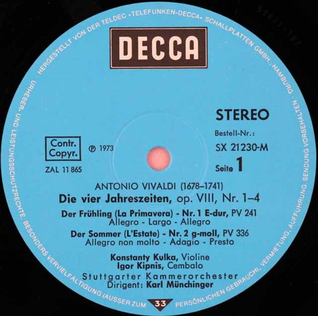 【直筆サイン付き】 ミュンヒンガーのヴィヴァルディ/「四季」 独DECCA 3621 LP レコード