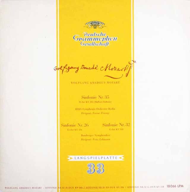 フリッチャイ、レーマンのモーツァルト/交響曲第35番「ハフナー」ほか　独DGG　3622　LP レコード