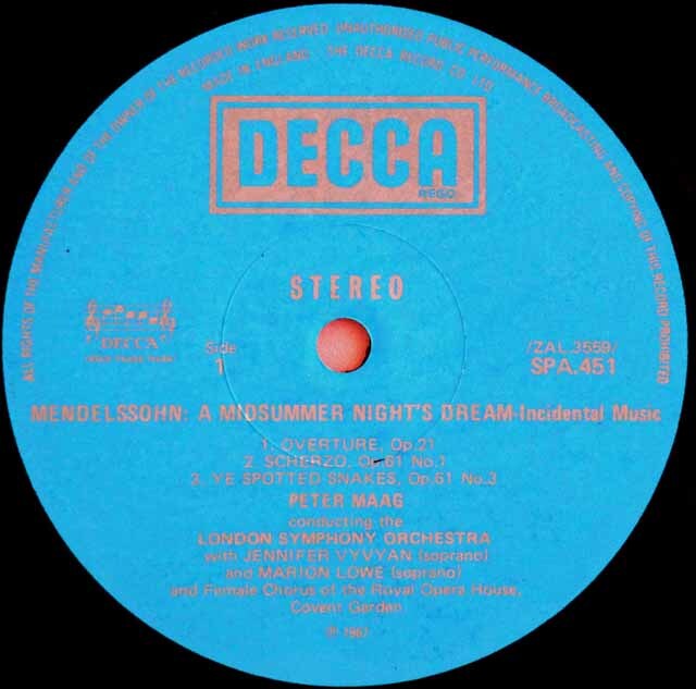 マークのメンデルスゾーン/「真夏の夜の夢」 英DECCA 3626 LP レコード