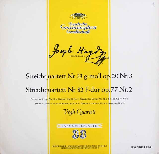 ヴェーグ四重奏団のハイドン/弦楽四重奏曲第33、82番　独DGG　3626　LP レコード